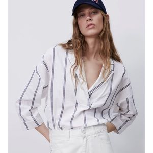 Zara cotton striped tunic, split neck, size XL, blue white